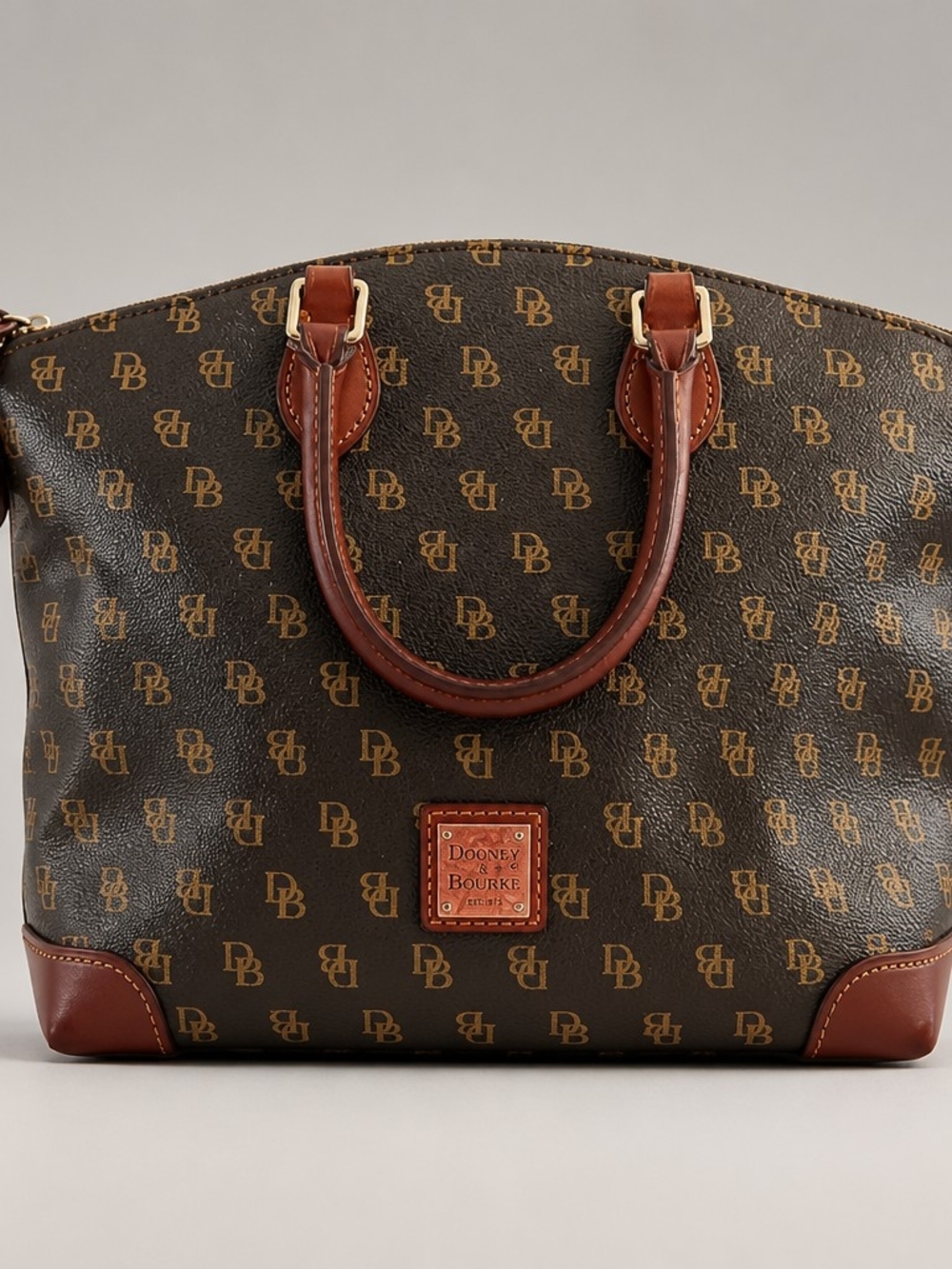 Dooney & Bourke Signature DB Monogram Satchel Brown Cognac Leather Trim - Picture 7 of 16